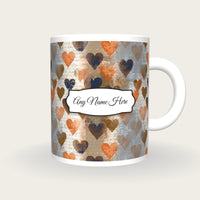 Monoprint Love Hearts Name Mug, front with the name label