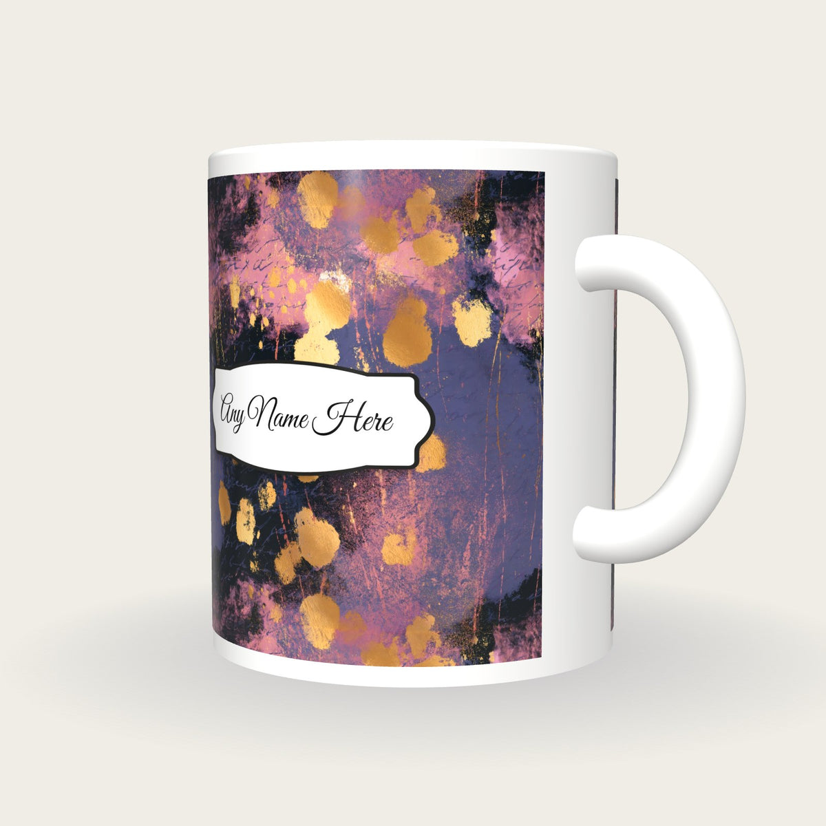 Vintage Gold Leaf Amethyst Abstract Name Mug, three-quarter view