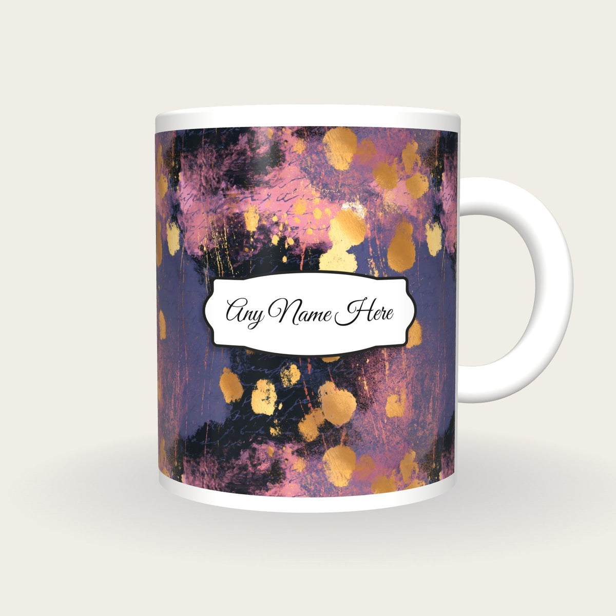 Vintage Gold Leaf Amethyst Abstract Name Mug, front with the name label