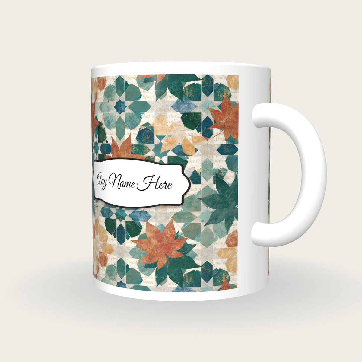 Zellij Leaves Name Mug, three-quarter view