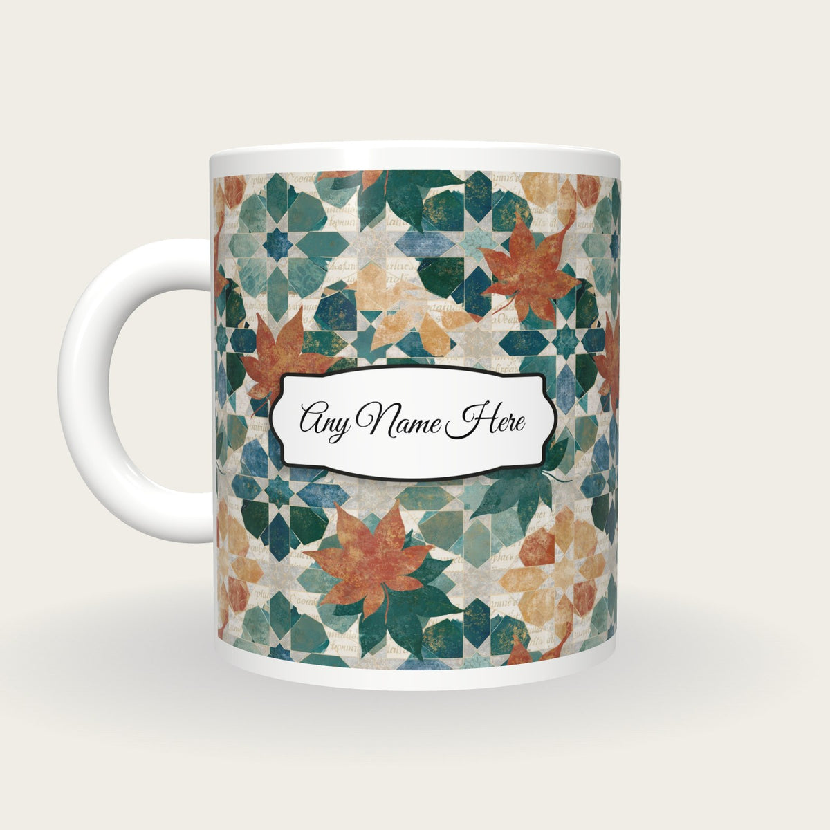 Zellij Leaves Name Mug, back with the second name label