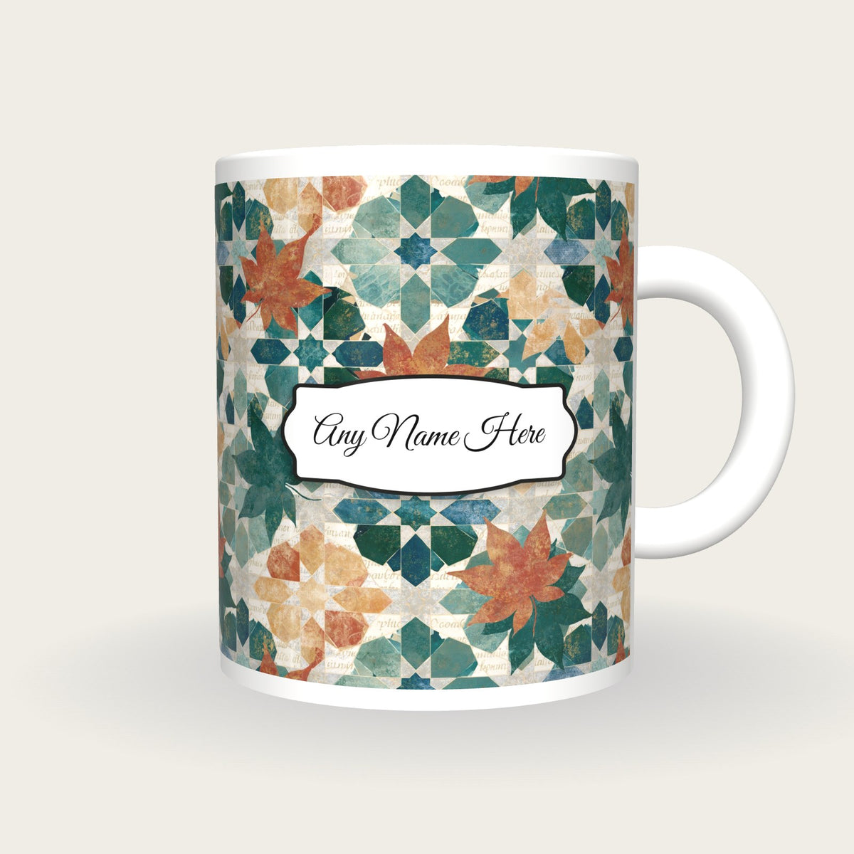 Zellij Leaves Name Mug, front with the name label