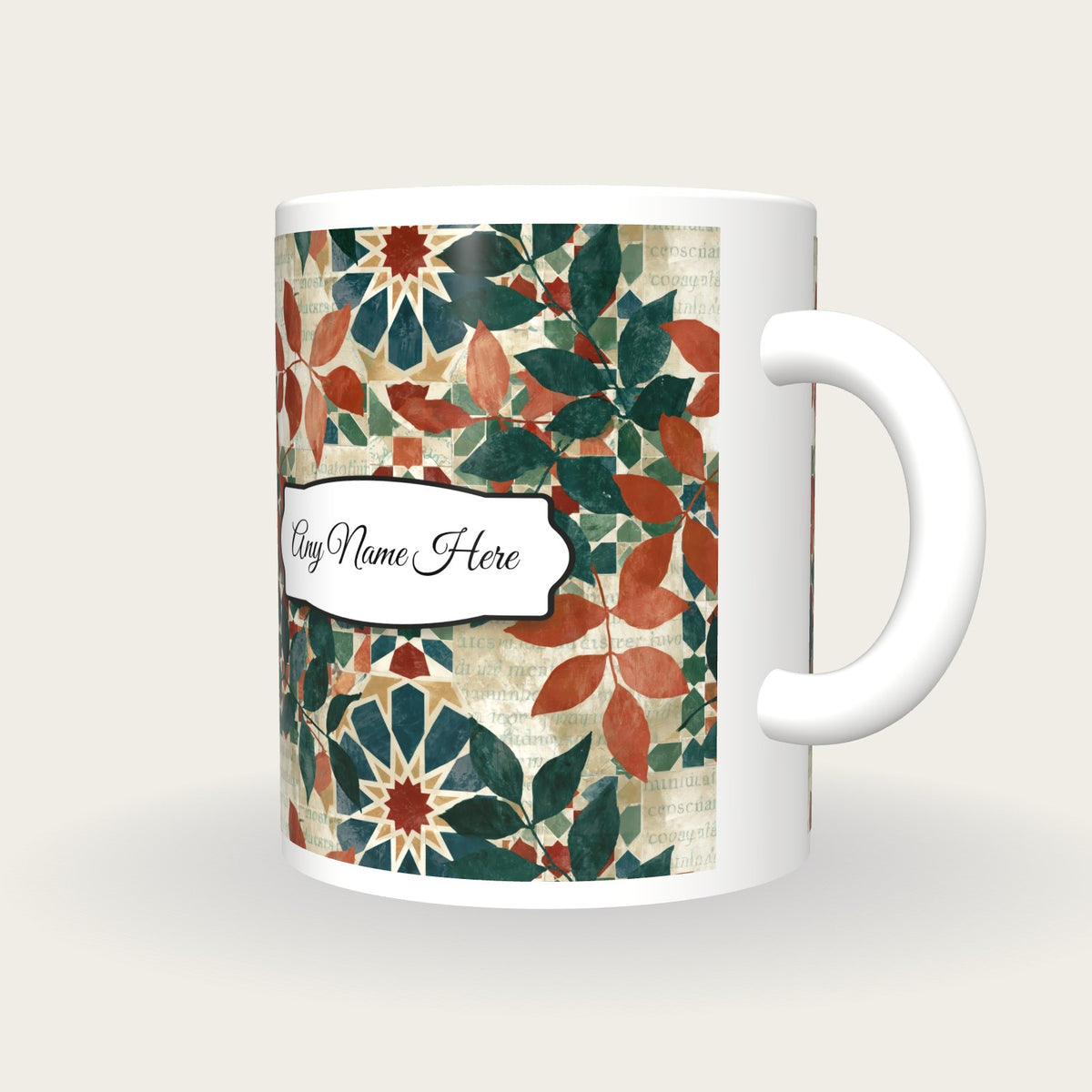 Zellij Leaves Name Mug 2, three-quarter view