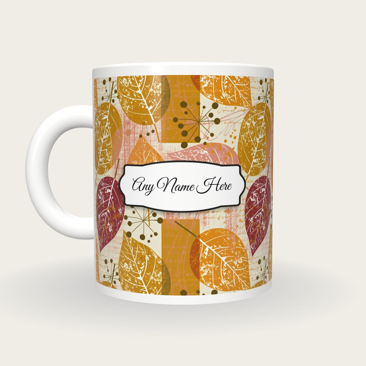 Atomic Age Leaves Name Mug, back with the second name label