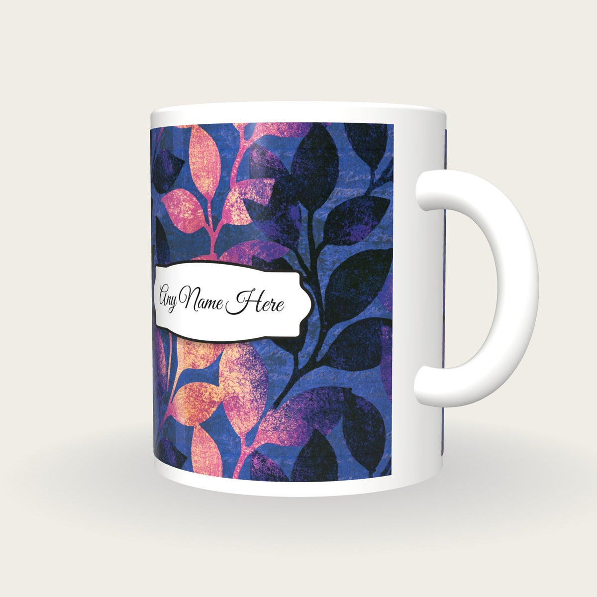 Moku Hanga Leaves Name Mug, three-quarter view
