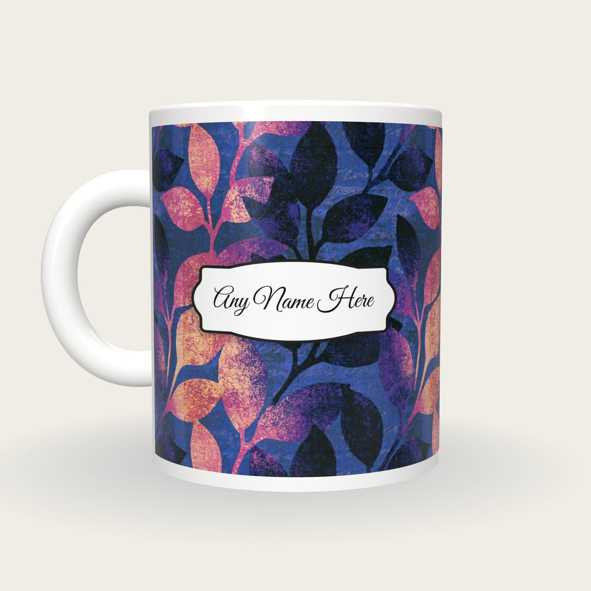 Moku Hanga Leaves Name Mug, back with the second name label
