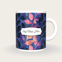 Moku Hanga Leaves Name Mug, front with the name label