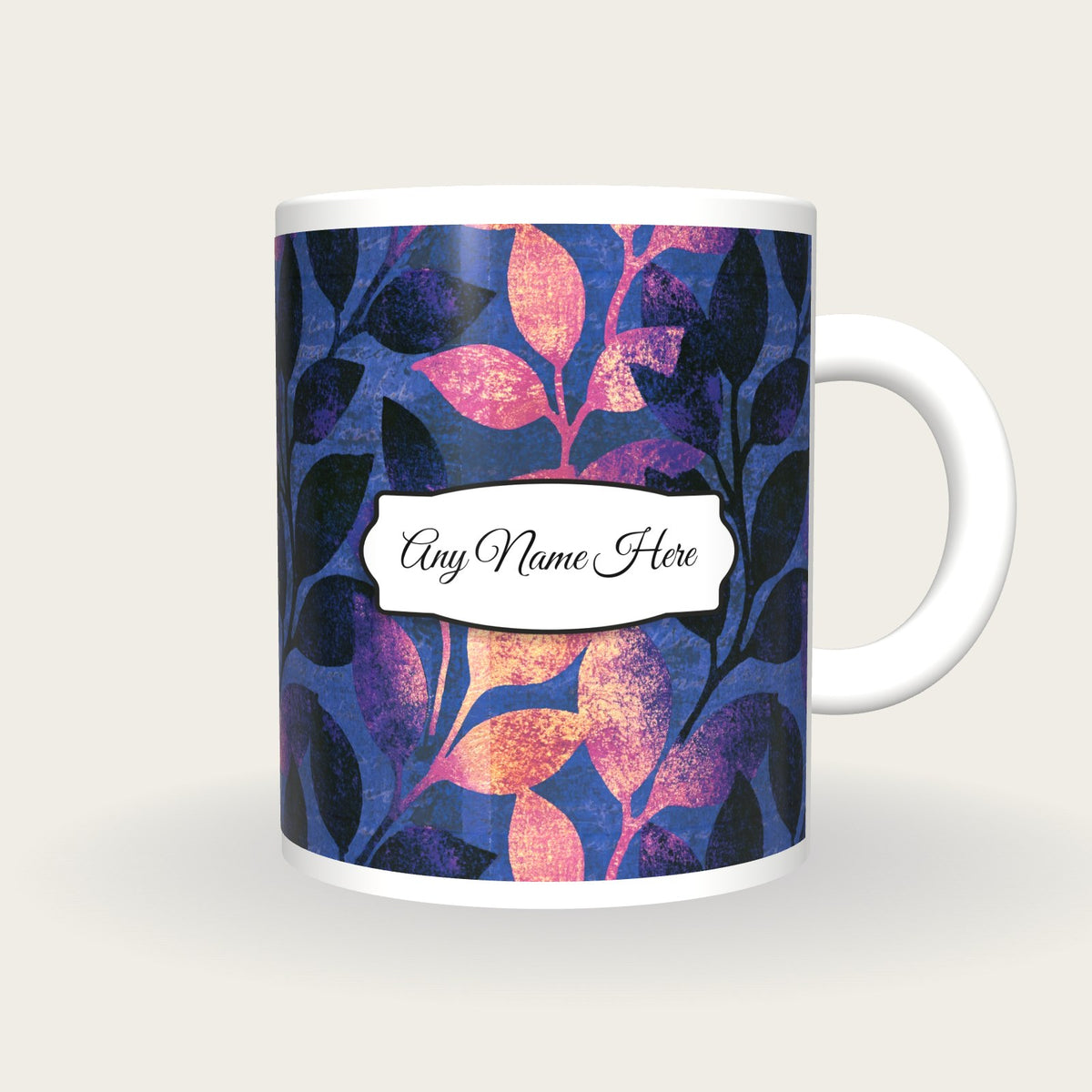 Moku Hanga Leaves Name Mug, front with the name label