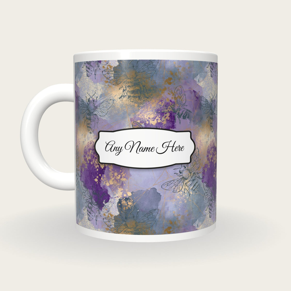 Storybook Bee Name Mug 2, back with the second name label