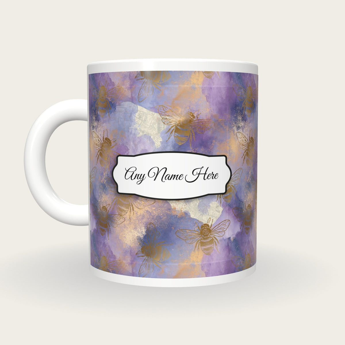 Storybook Bee Name Mug, back with the second name label