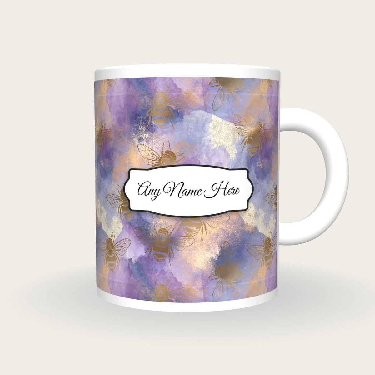 Storybook Bee Name Mug, front with the name label