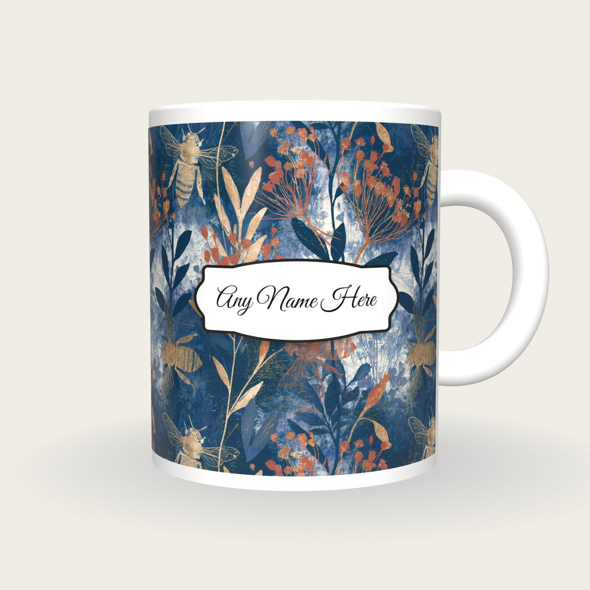 Cyanotype Bee Name Mug, front with the name label