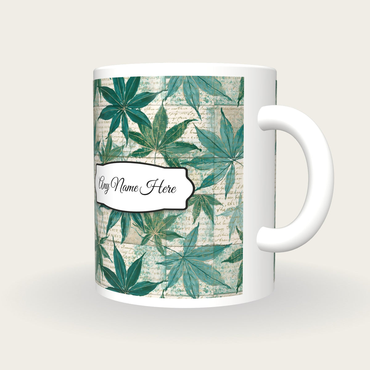 Chinoiserie Leaf Name Mug, three-quarter view