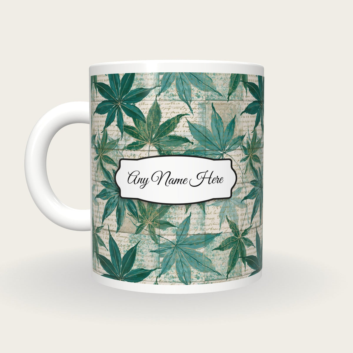 Chinoiserie Leaf Name Mug, back with the second name label