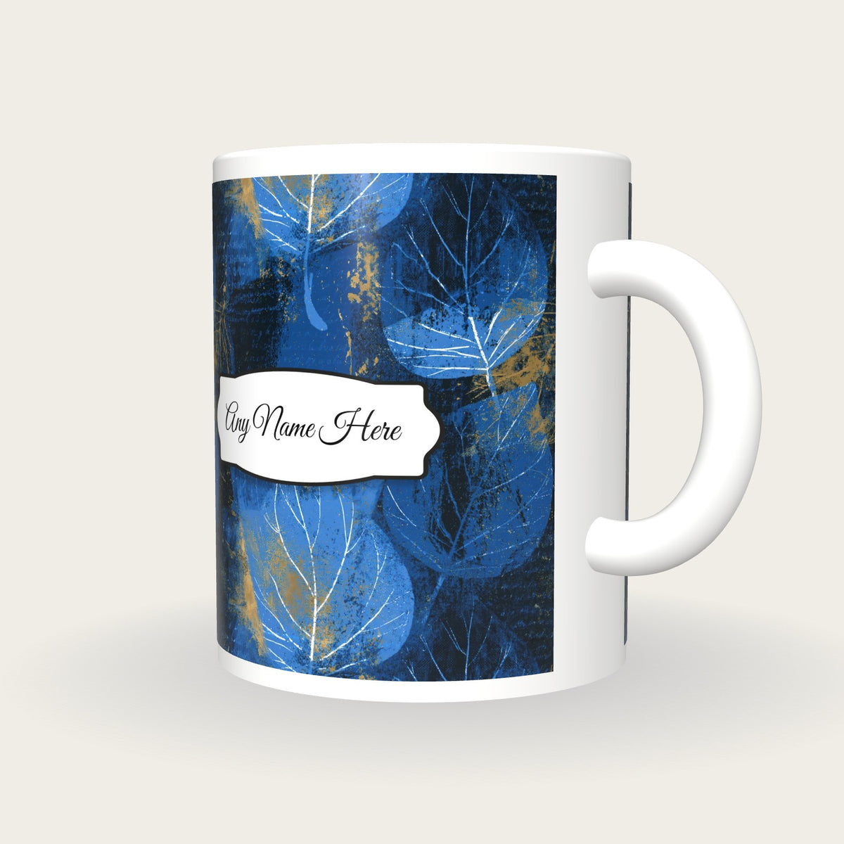 Screenprint Leaf Name Mug 3, three-quarter view