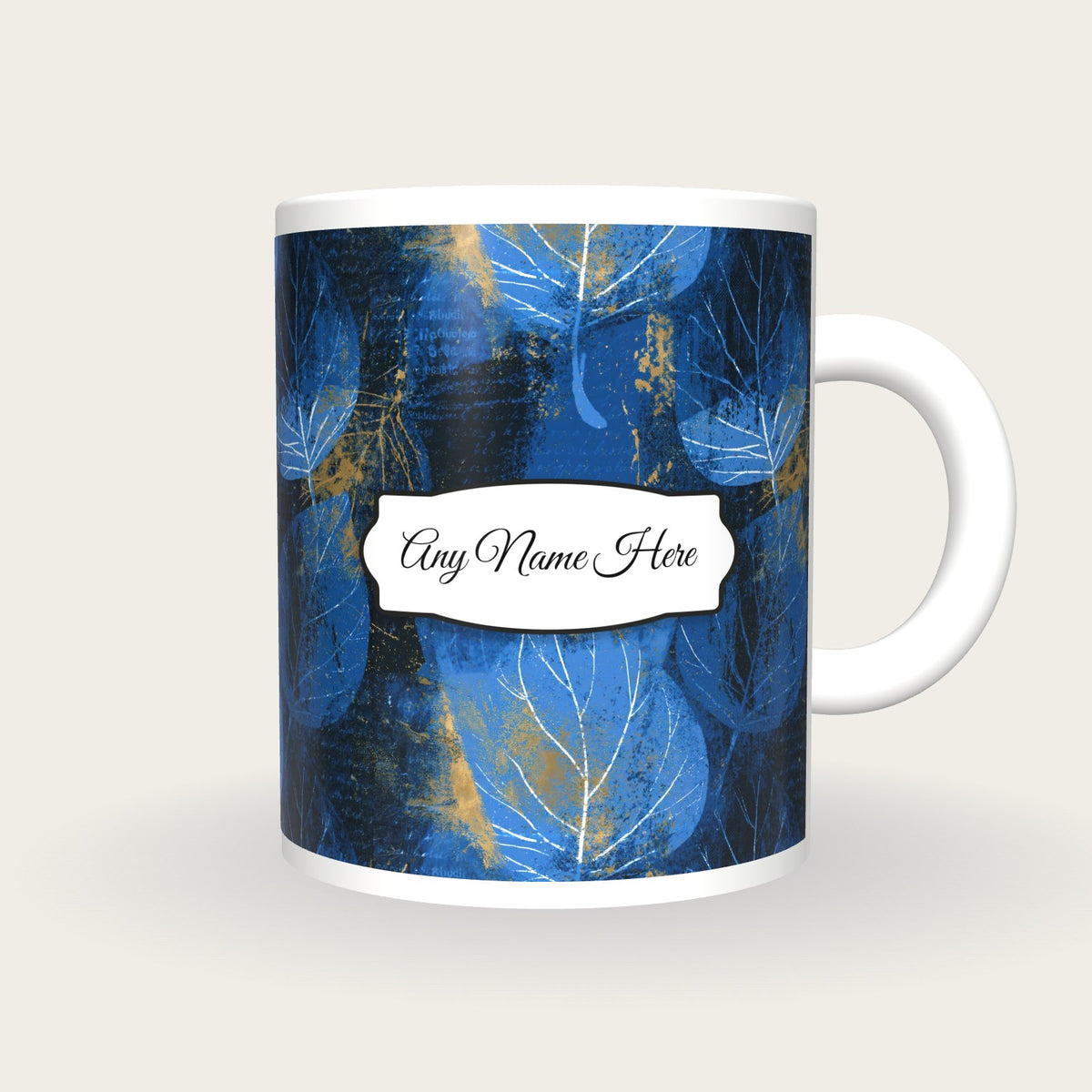 Screenprint Leaf Name Mug 3, front with the name label
