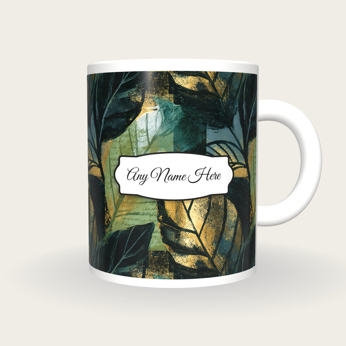 Comic Book Leaf Name Mug, front with the name label