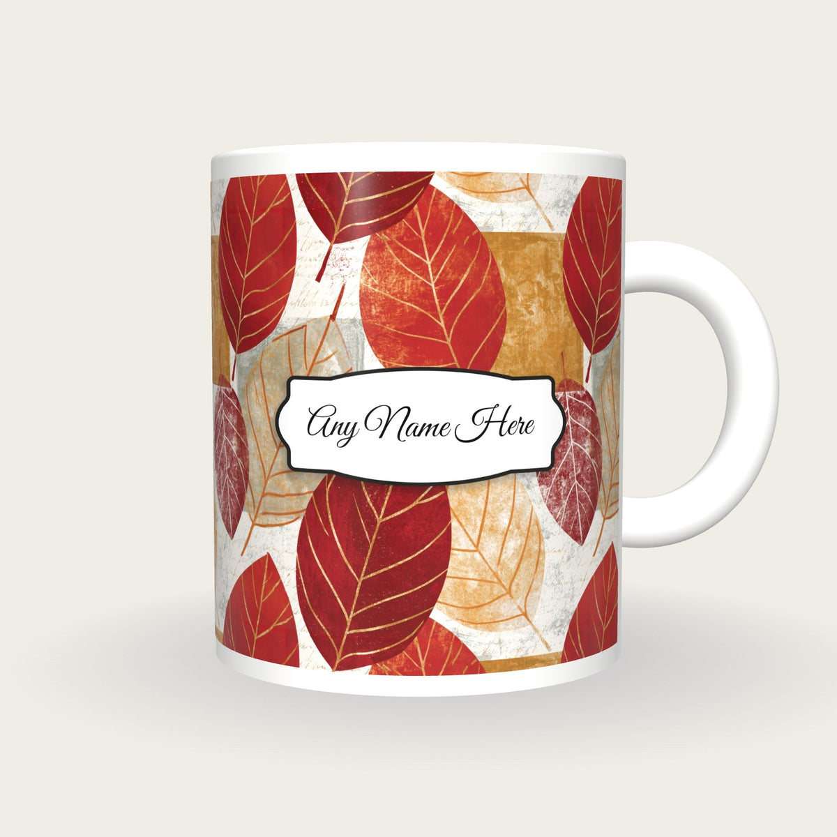Bohemian Leaf Name Mug, front with the name label