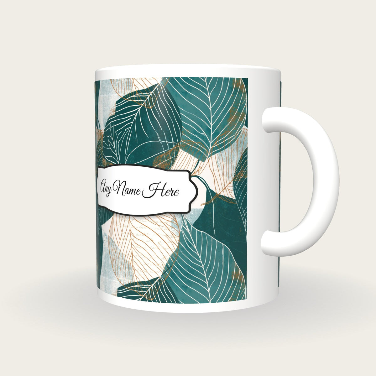 Scandinavian Leaf Name Mug 2, three-quarter view