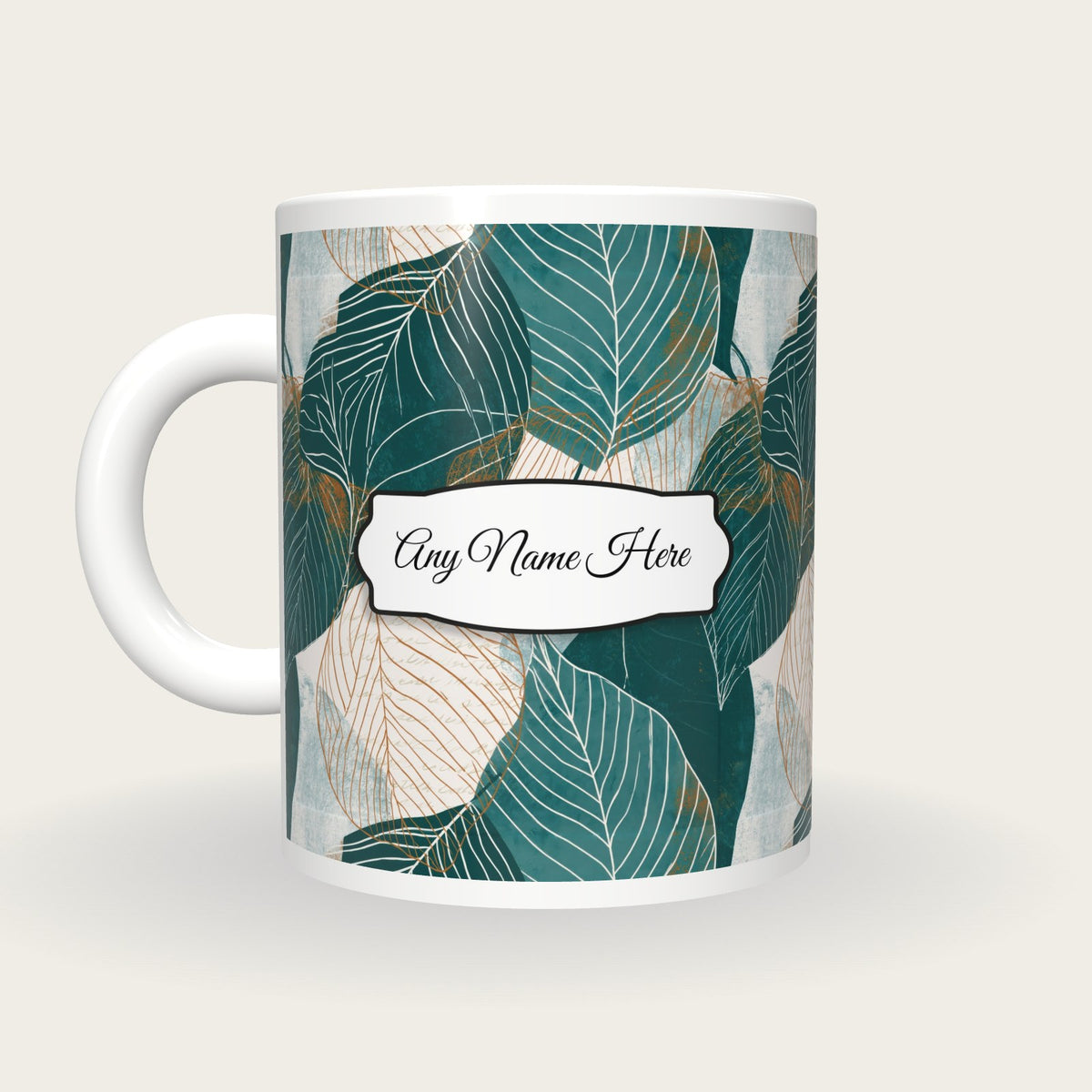 Scandinavian Leaf Name Mug 2, back with the second name label