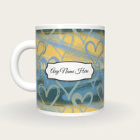 Risograph Heart Slate Yellow Name Mug, back with the second name label