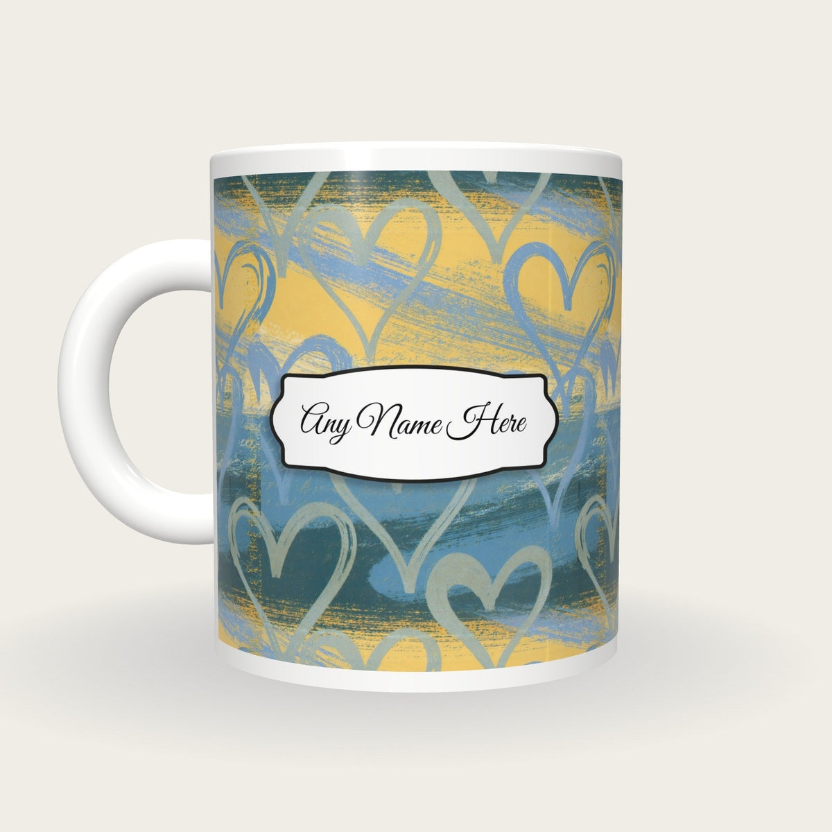 Risograph Heart Slate Yellow Name Mug, back with the second name label