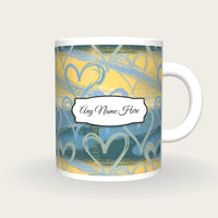 Risograph Heart Slate Yellow Name Mug, front with the name label
