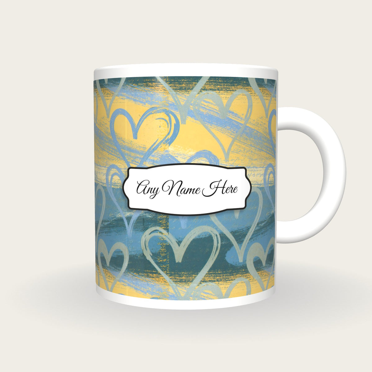 Risograph Heart Slate Yellow Name Mug, front with the name label