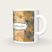 Antique Botanical Butterfly Name Mug, three-quarter view