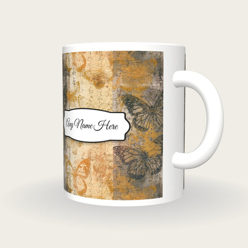 Antique Botanical Butterfly Name Mug, three-quarter view