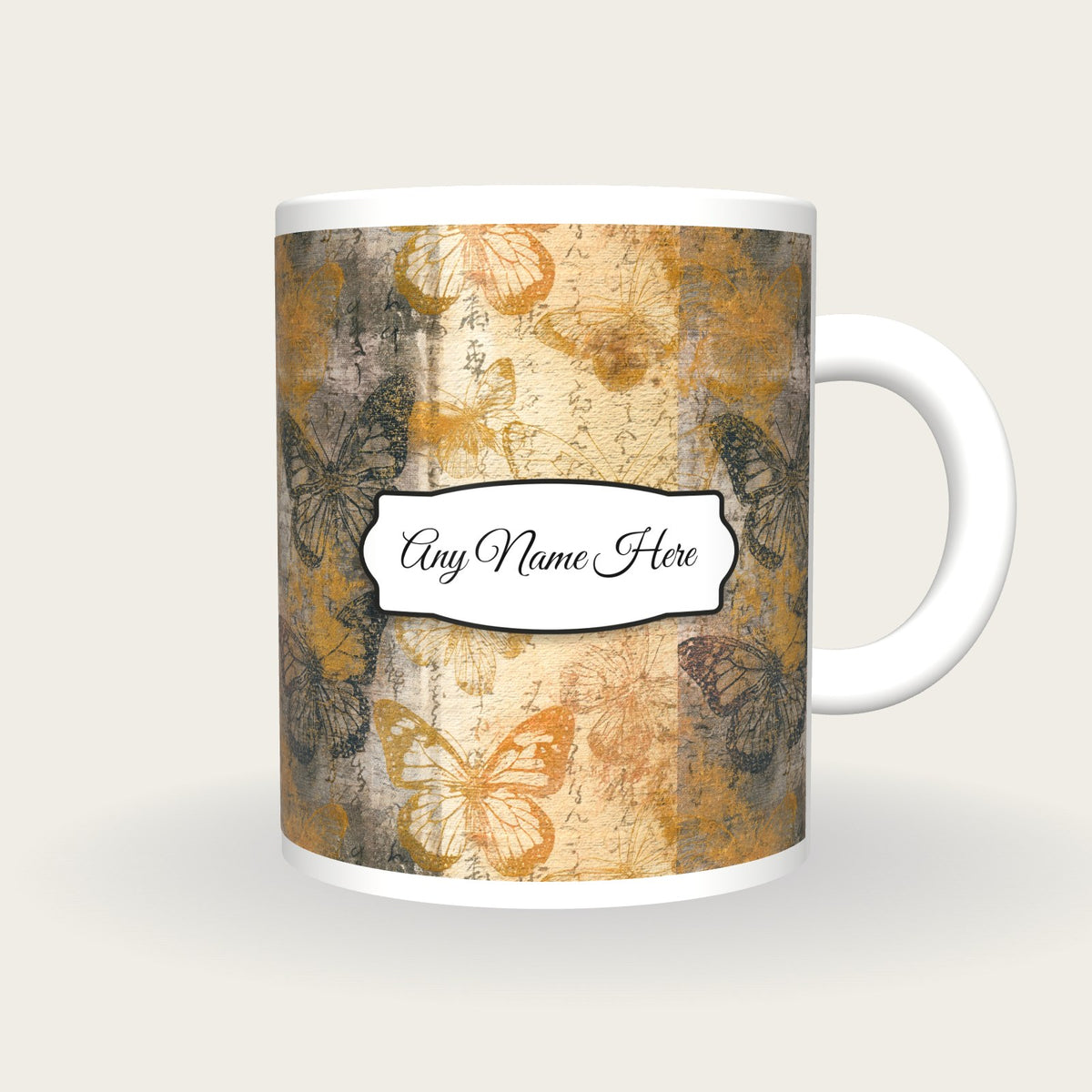 Antique Botanical Butterfly Name Mug, front with the name label
