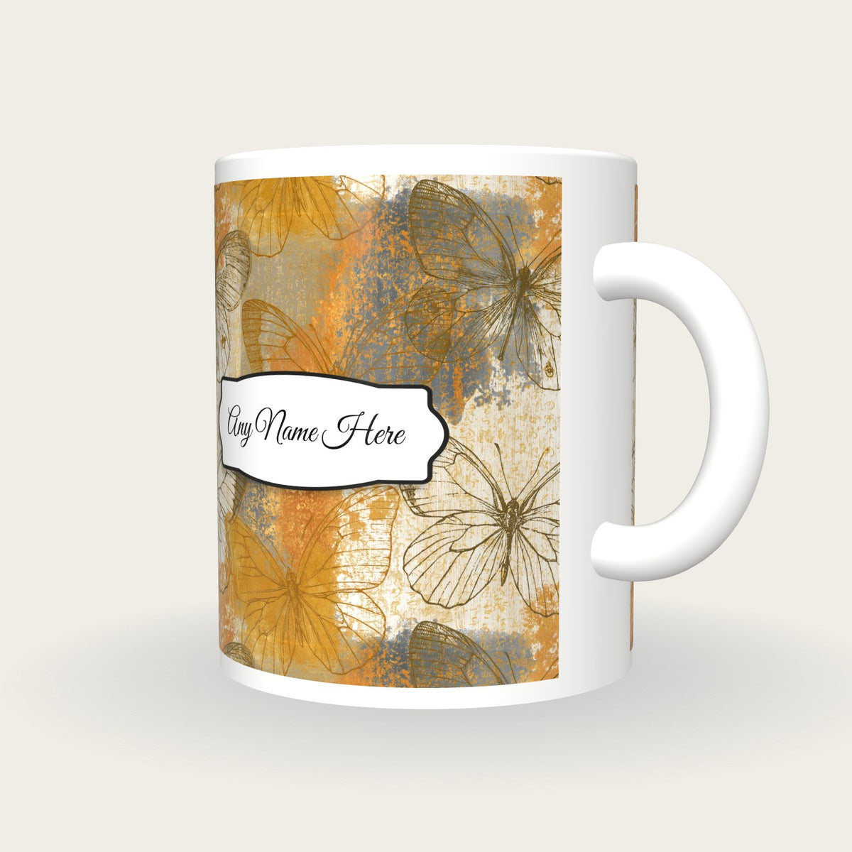Antique Botanical Butterfly Name Mug 2, three-quarter view