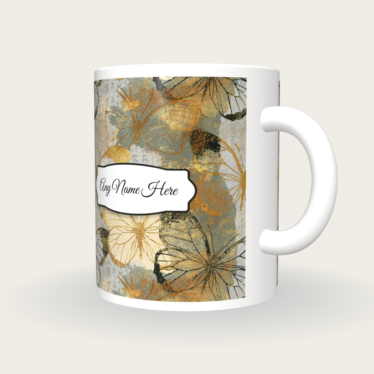 Antique Botanical Butterfly Name Mug 3, three-quarter view