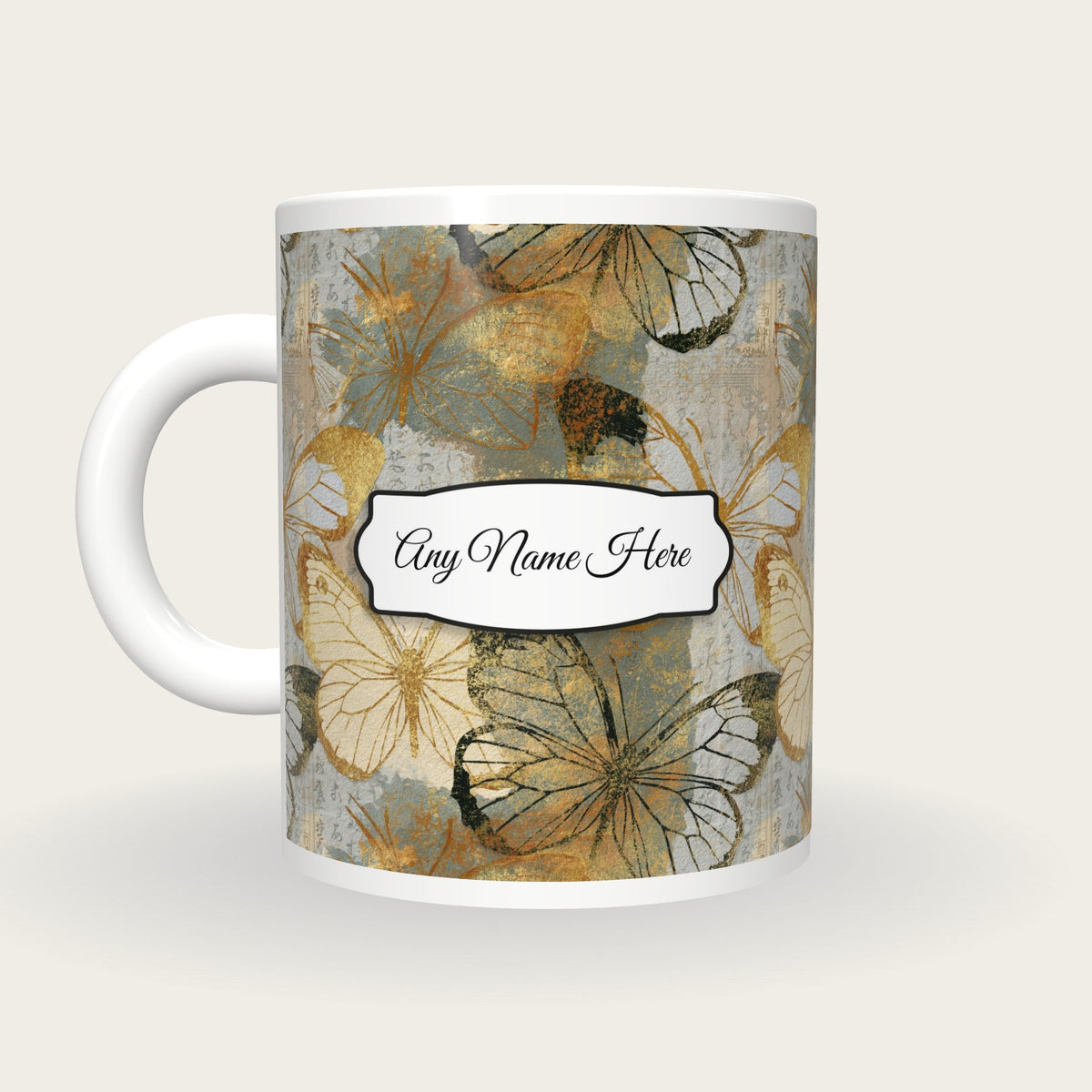Antique Botanical Butterfly Name Mug 3, back with the second name label