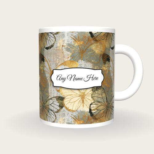 Antique Botanical Butterfly Name Mug 3, front with the name label