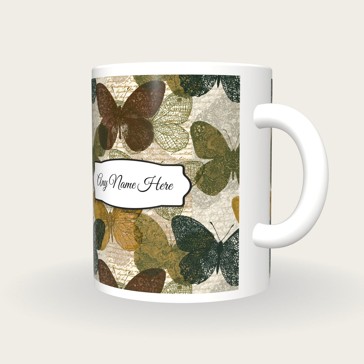 Lace Butterfly Name Mug, three-quarter view