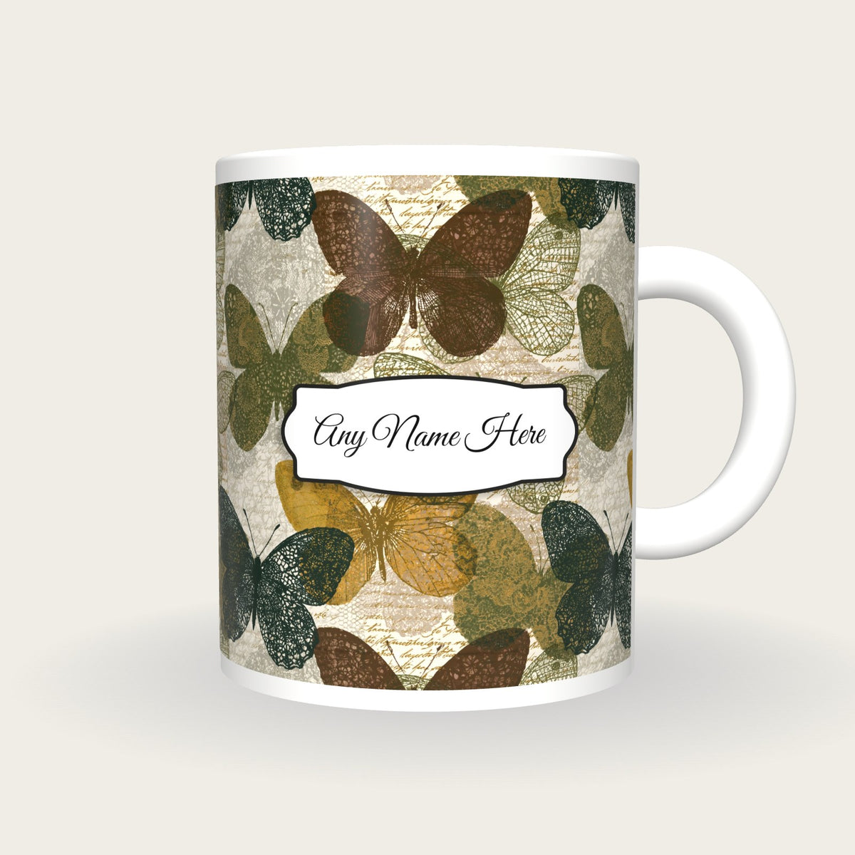 Lace Butterfly Name Mug, front with the name label