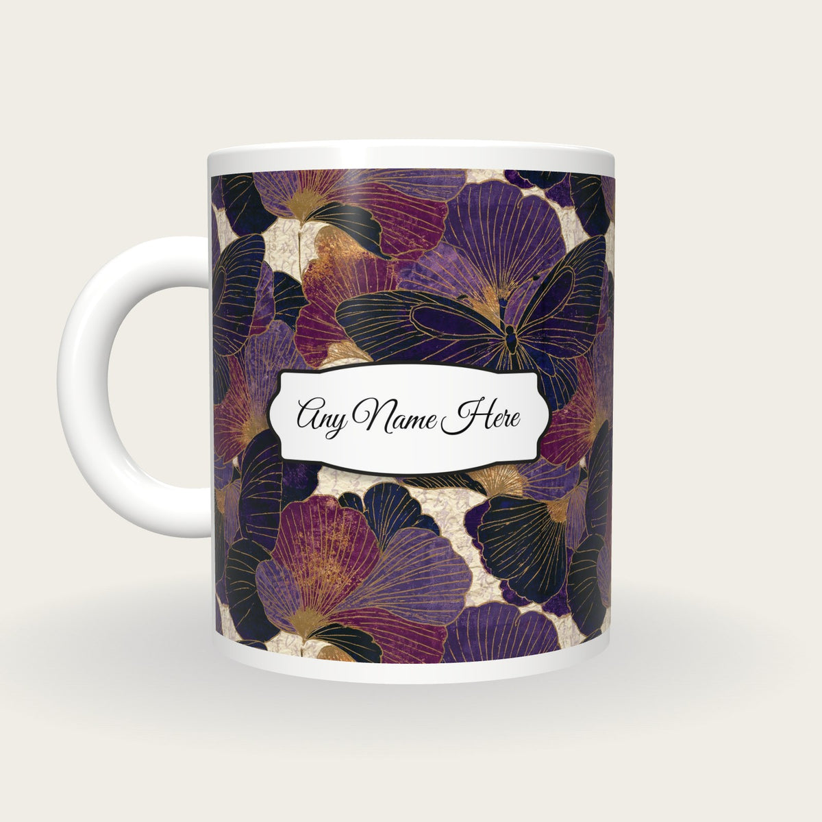 Maximalist Butterfly Name Mug 2, back with the second name label