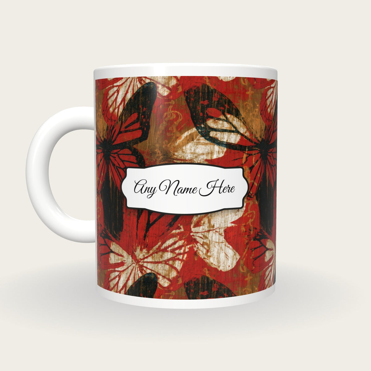 Pyrography Butterfly Name Mug, back with the second name label