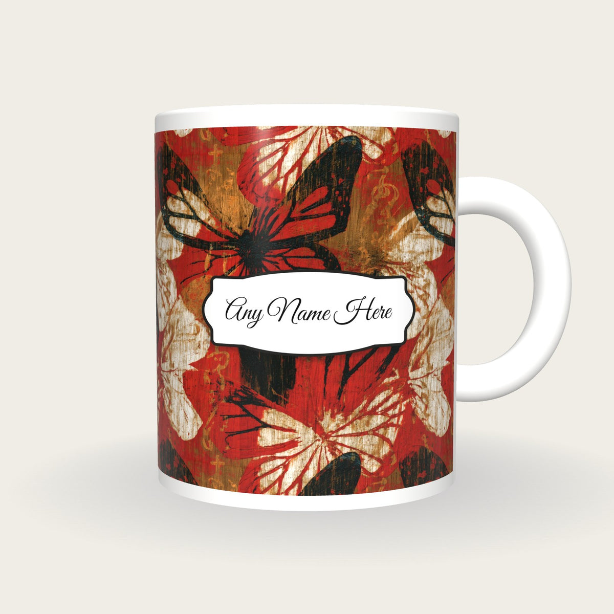 Pyrography Butterfly Name Mug, front with the name label