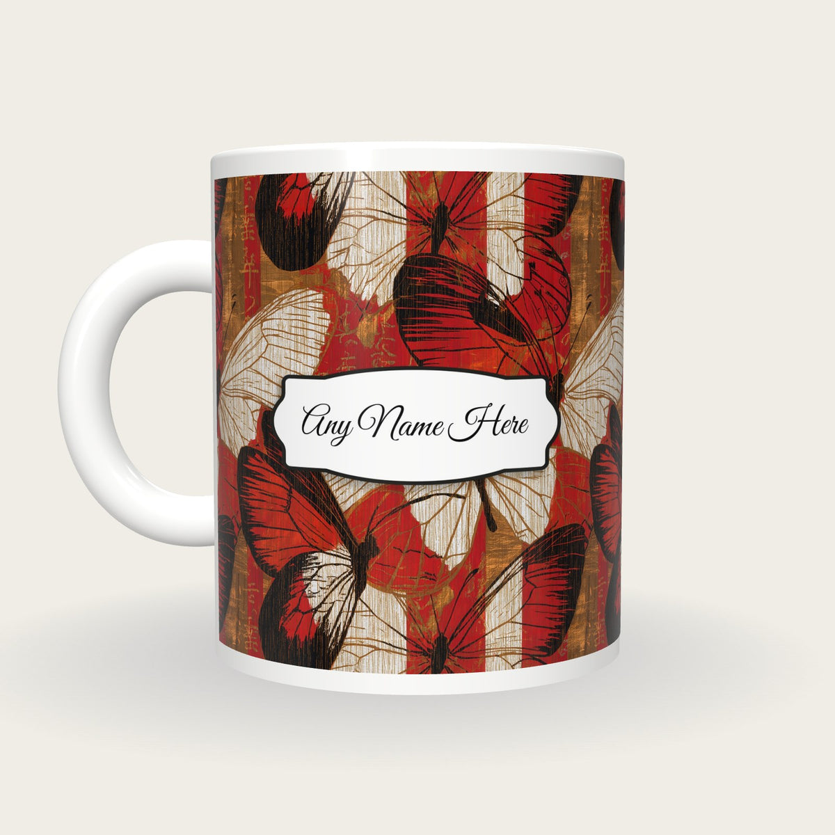 Pyrography Butterfly Name Mug 2, back with the second name label
