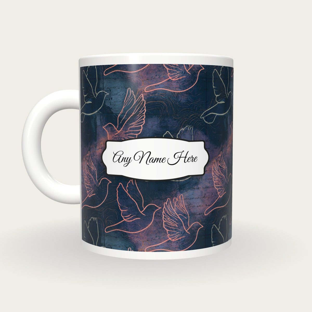 Antique Map Bird Name Mug 2, back with the second name label
