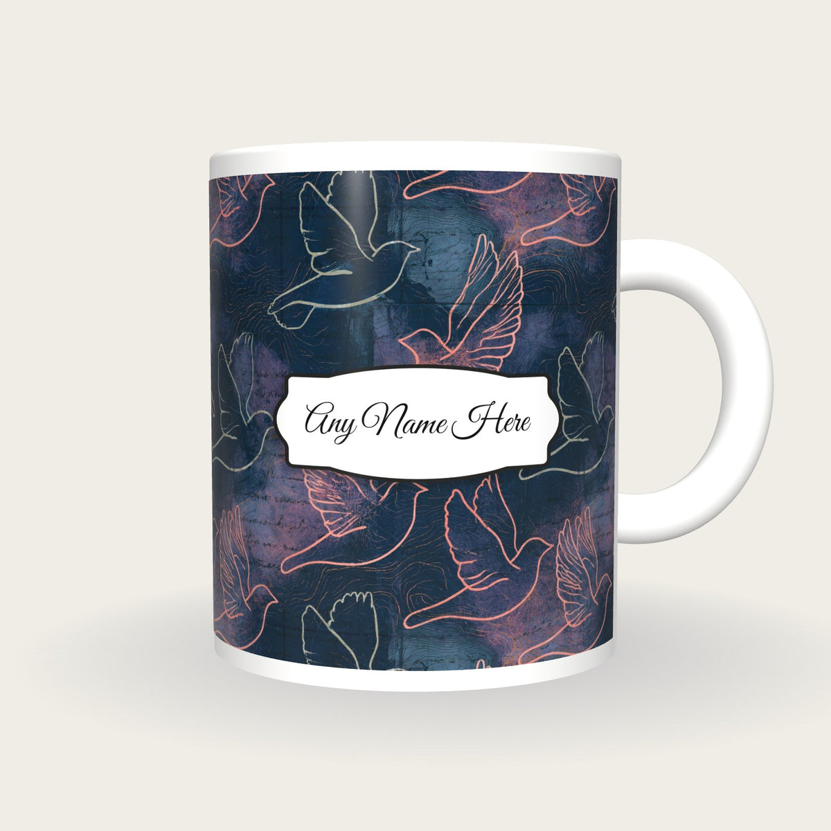 Antique Map Bird Name Mug 2, front with the name label