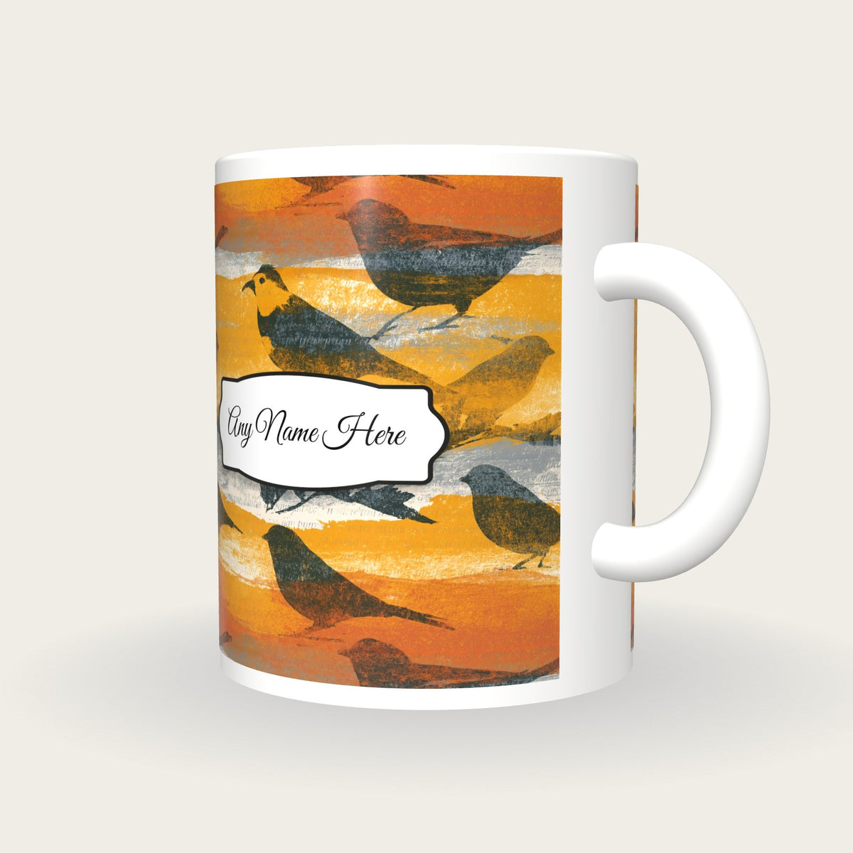 Solarised Bird Name Mug, three-quarter view