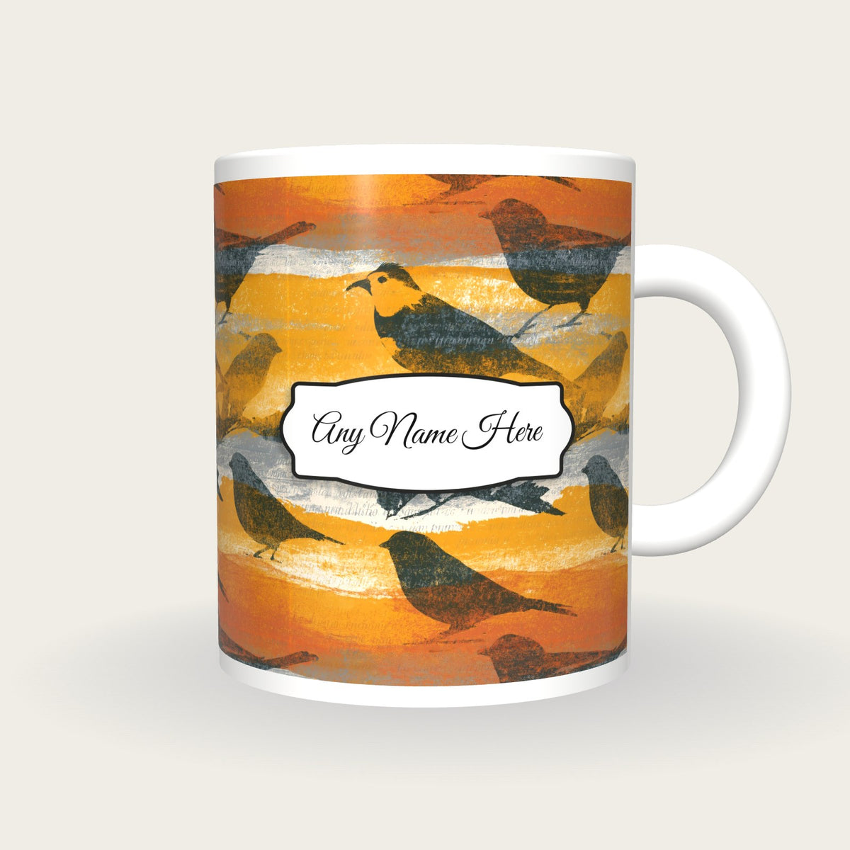Solarised Bird Name Mug, front with the name label