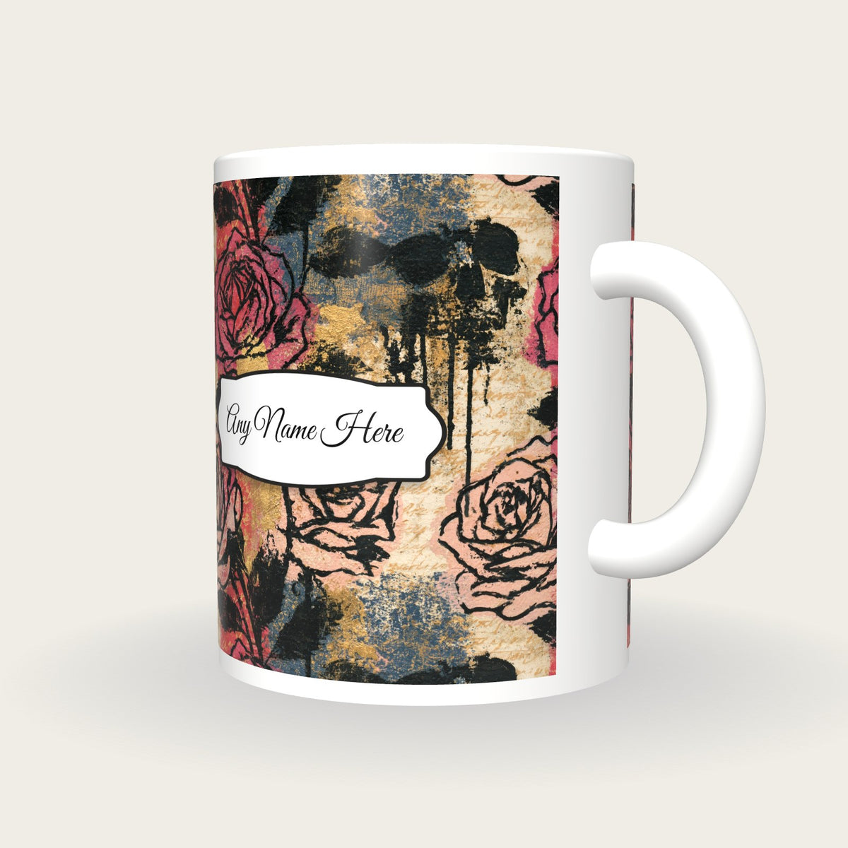 Graffiti Roses Skulls Name Mug 2, three-quarter view