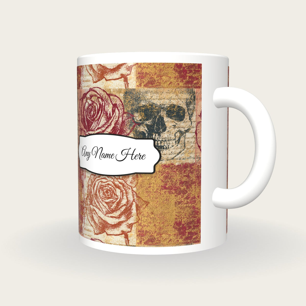 Graffiti Roses Skulls Name Mug, three-quarter view
