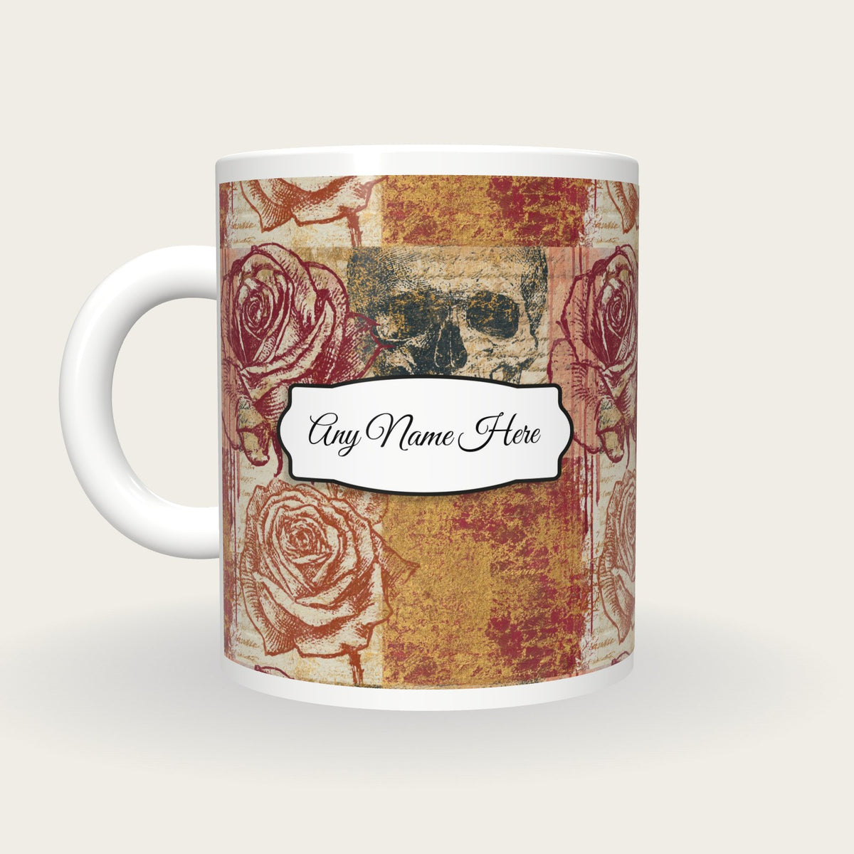 Graffiti Roses Skulls Name Mug, back with the second name label