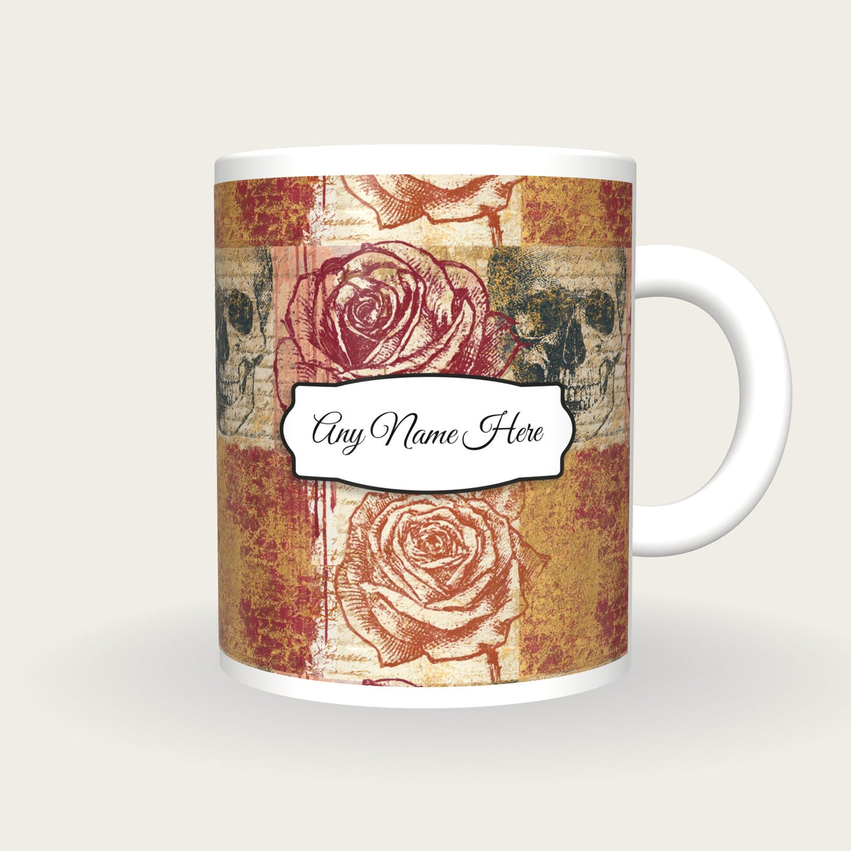 Graffiti Roses Skulls Name Mug, front with the name label
