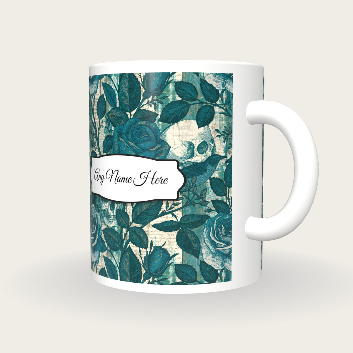 Antique Bird Plate Roses Skulls Name Mug 2, three-quarter view